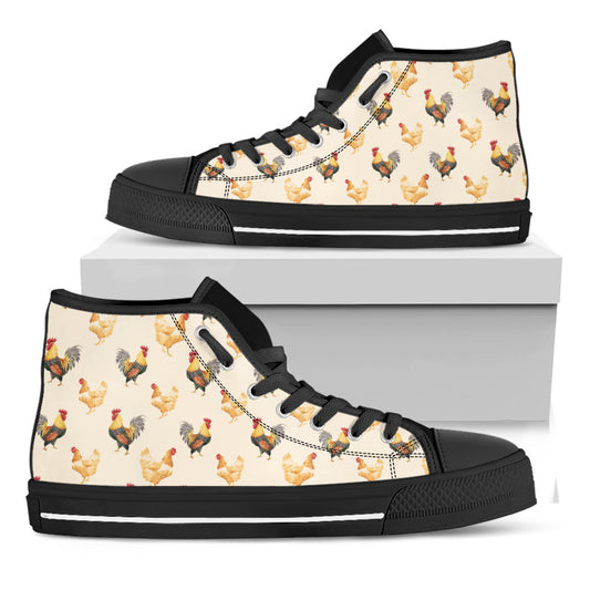 Watercolor Rooster Pattern Print Black High Top Shoes