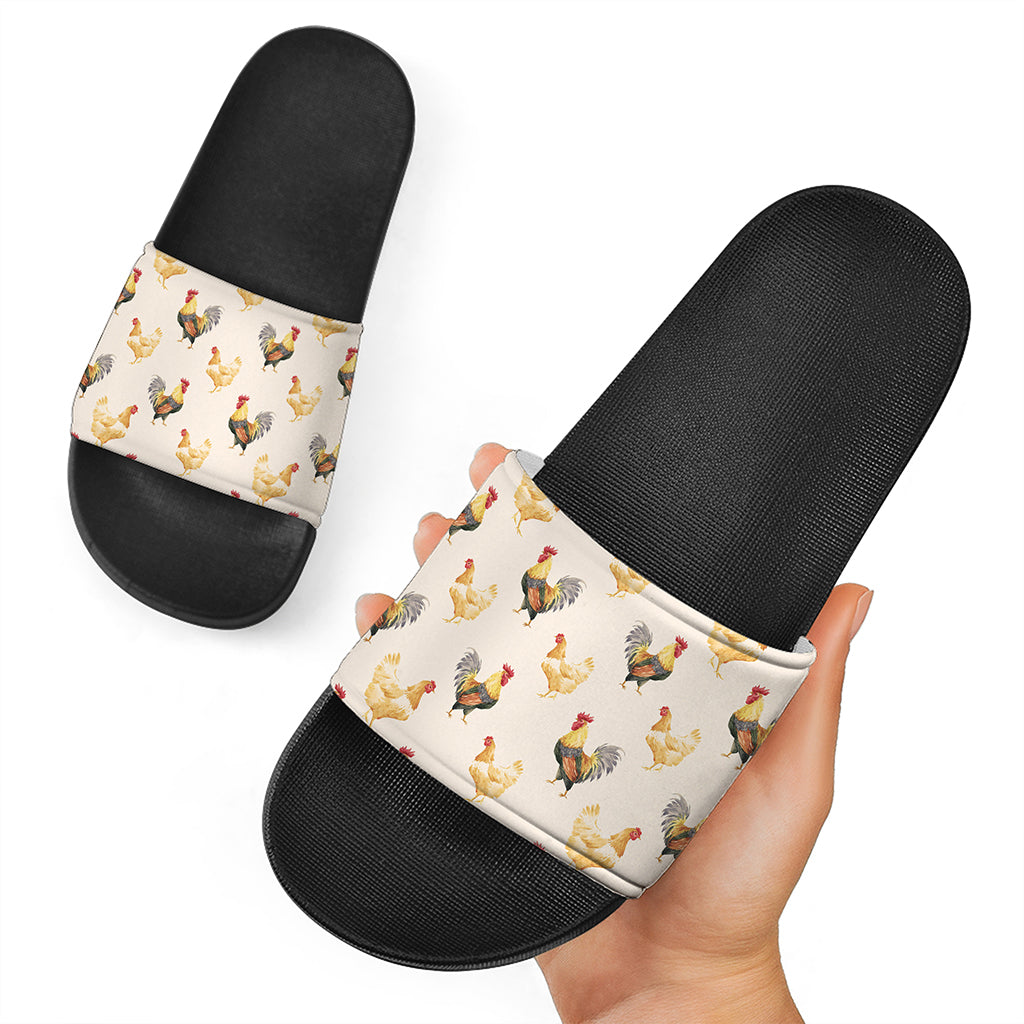 Watercolor Rooster Pattern Print Black Slide Sandals
