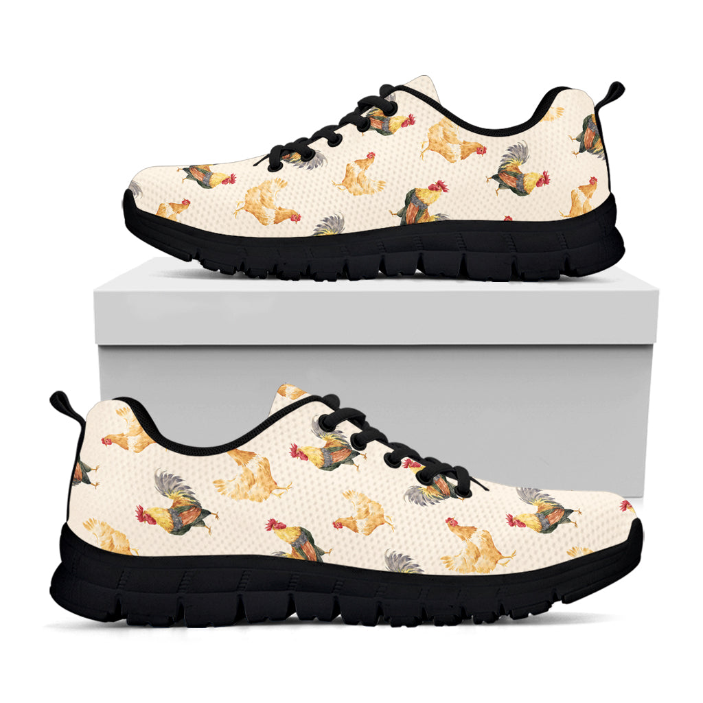 Watercolor Rooster Pattern Print Black Sneakers