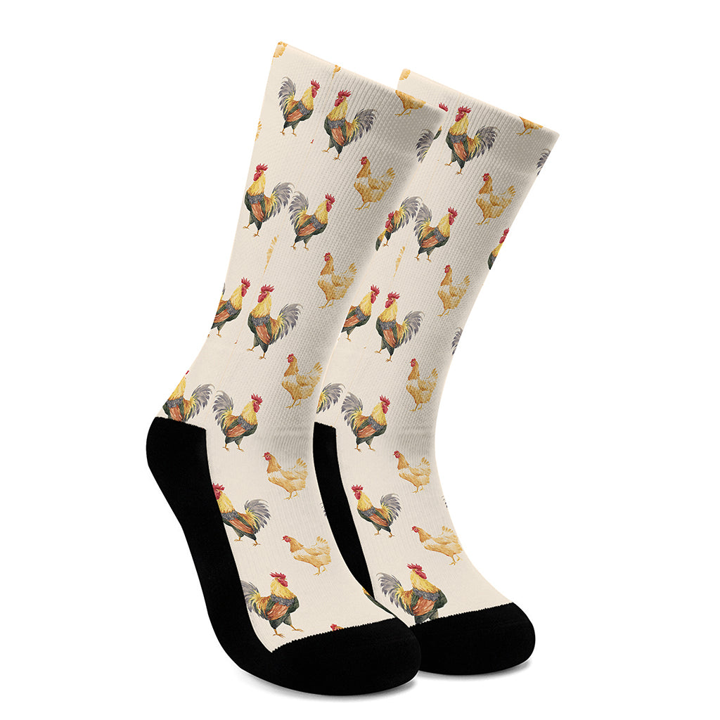 Watercolor Rooster Pattern Print Crew Socks