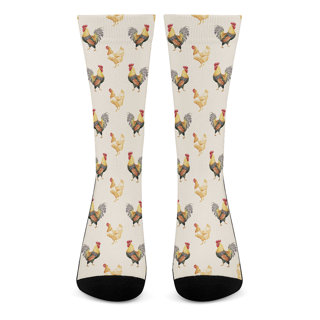 Watercolor Rooster Pattern Print Crew Socks