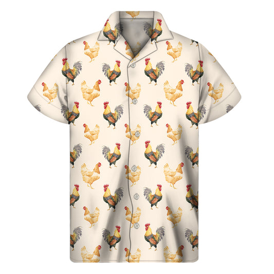 Watercolor Rooster Pattern Print Men's Short Sleeve Shirt