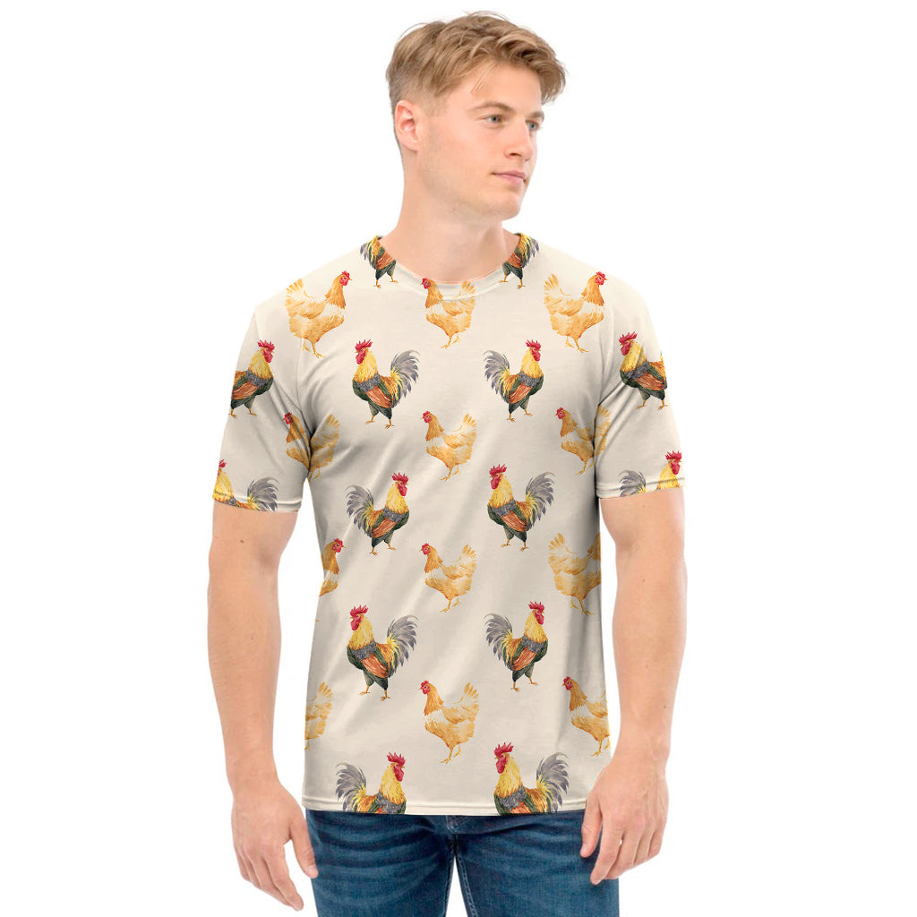 Watercolor Rooster Pattern Print Men's T-Shirt
