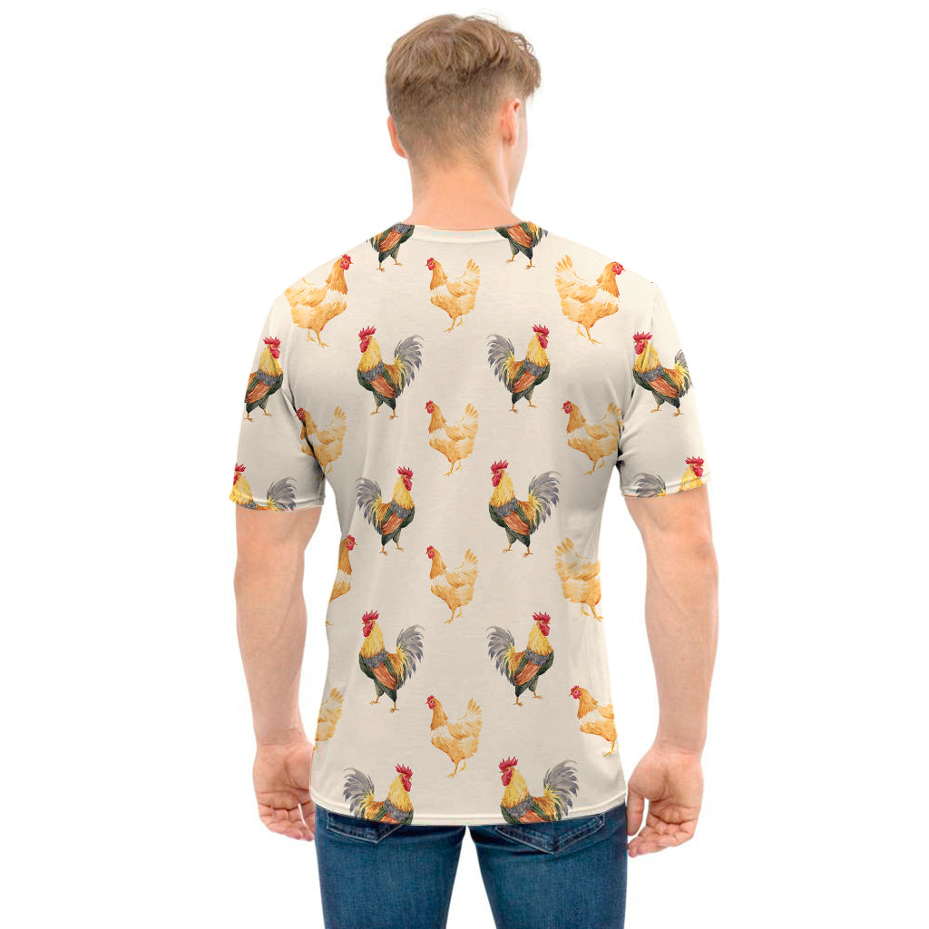 Watercolor Rooster Pattern Print Men's T-Shirt
