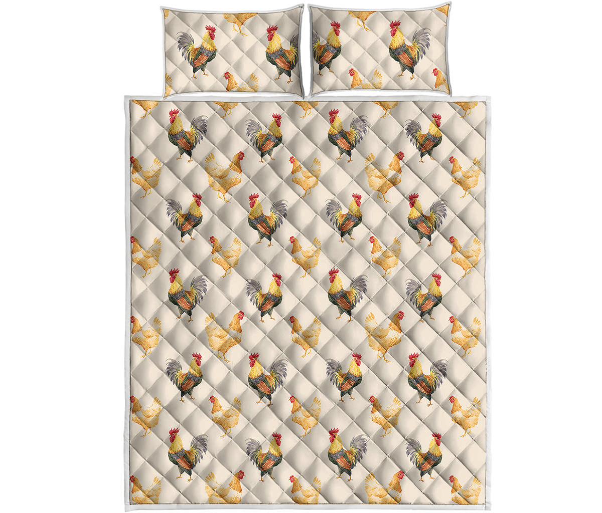 Watercolor Rooster Pattern Print Quilt Bed Set