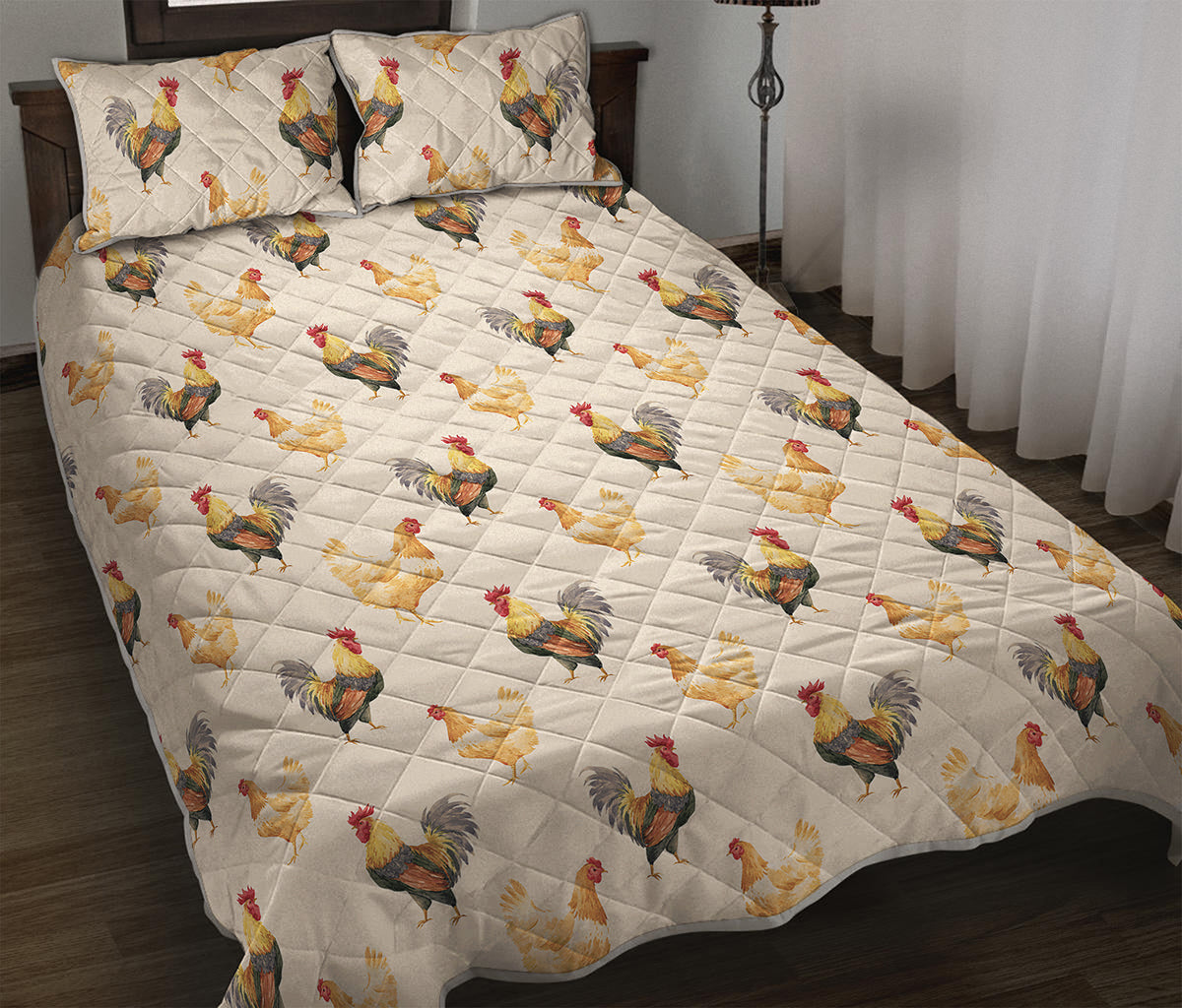 Watercolor Rooster Pattern Print Quilt Bed Set