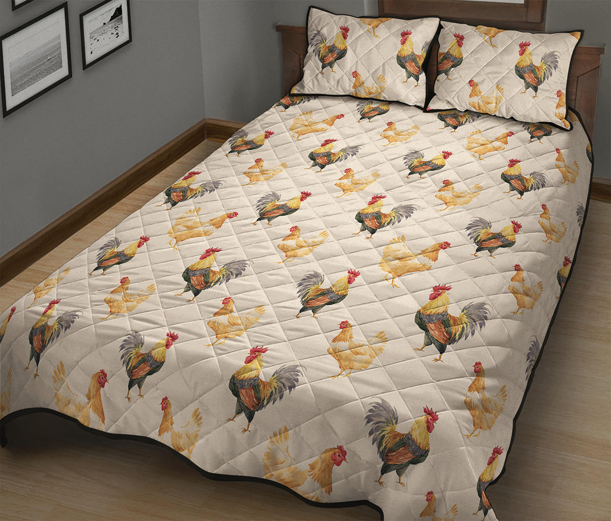 Watercolor Rooster Pattern Print Quilt Bed Set