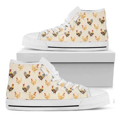 Watercolor Rooster Pattern Print White High Top Shoes