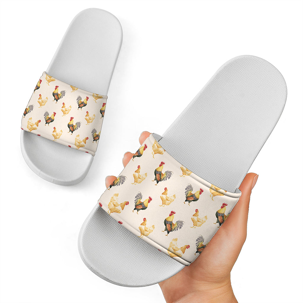 Watercolor Rooster Pattern Print White Slide Sandals