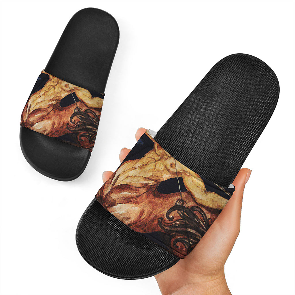 Watercolor Sagittarius Zodiac Sign Print Black Slide Sandals