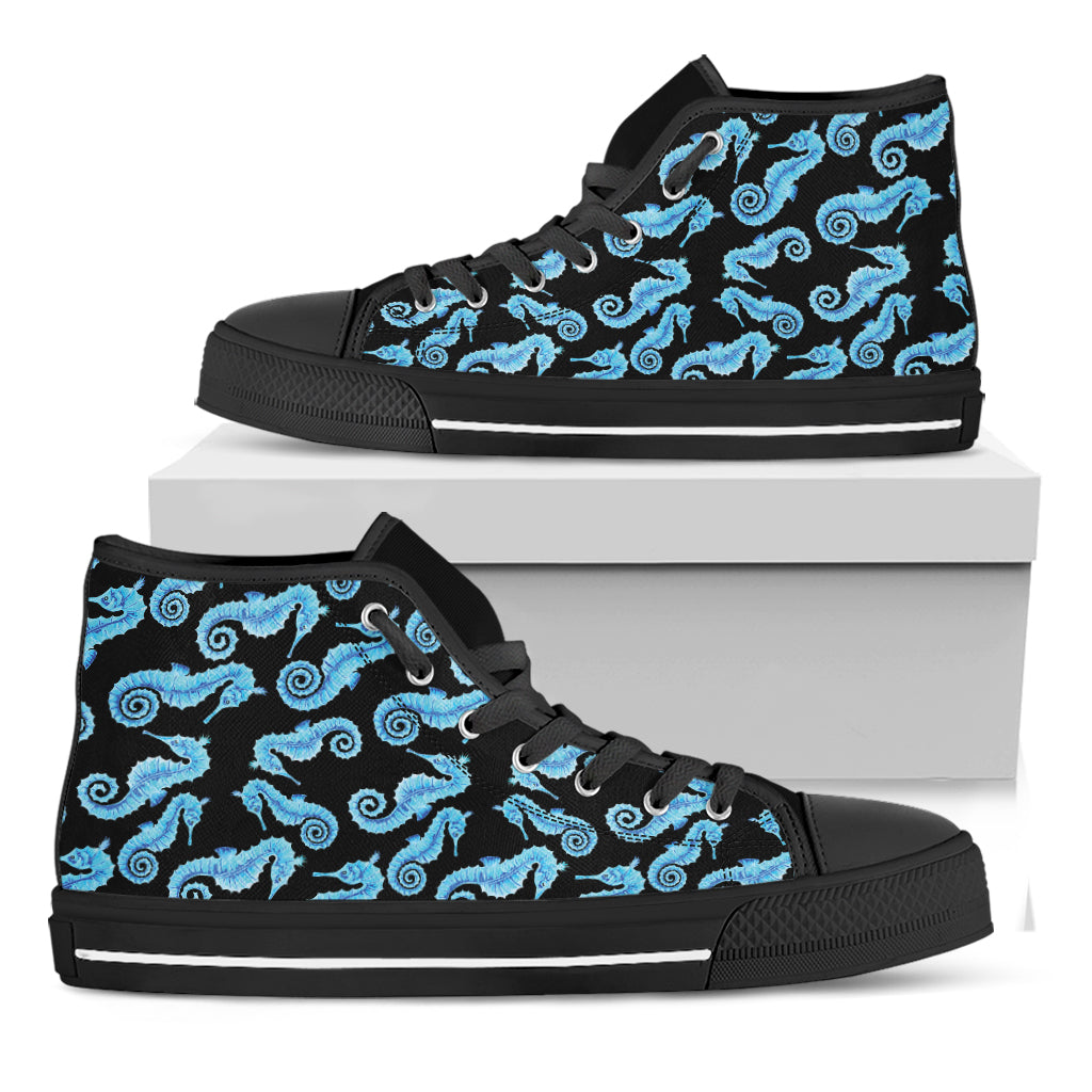 Watercolor Seahorse Pattern Print Black High Top Shoes