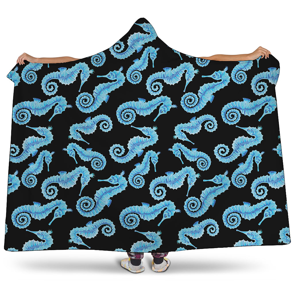 Watercolor Seahorse Pattern Print Hooded Blanket