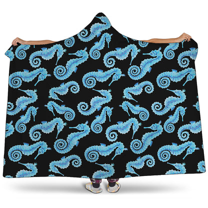 Watercolor Seahorse Pattern Print Hooded Blanket