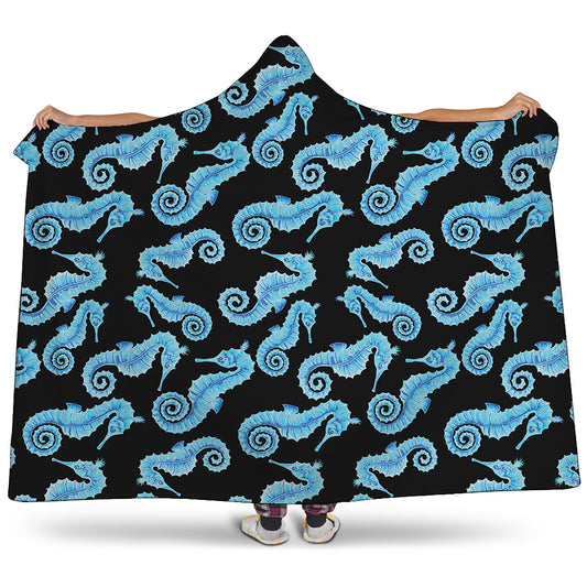 Watercolor Seahorse Pattern Print Hooded Blanket
