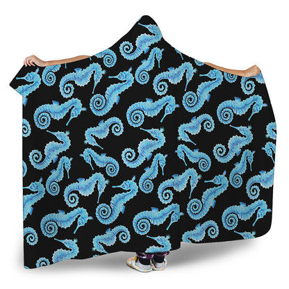 Watercolor Seahorse Pattern Print Hooded Blanket