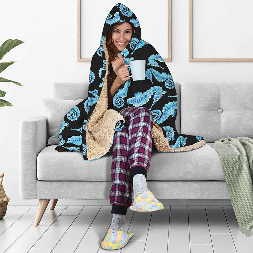 Watercolor Seahorse Pattern Print Hooded Blanket