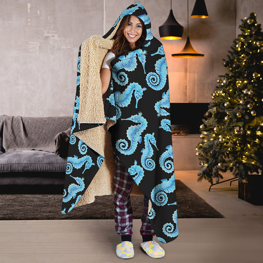 Watercolor Seahorse Pattern Print Hooded Blanket