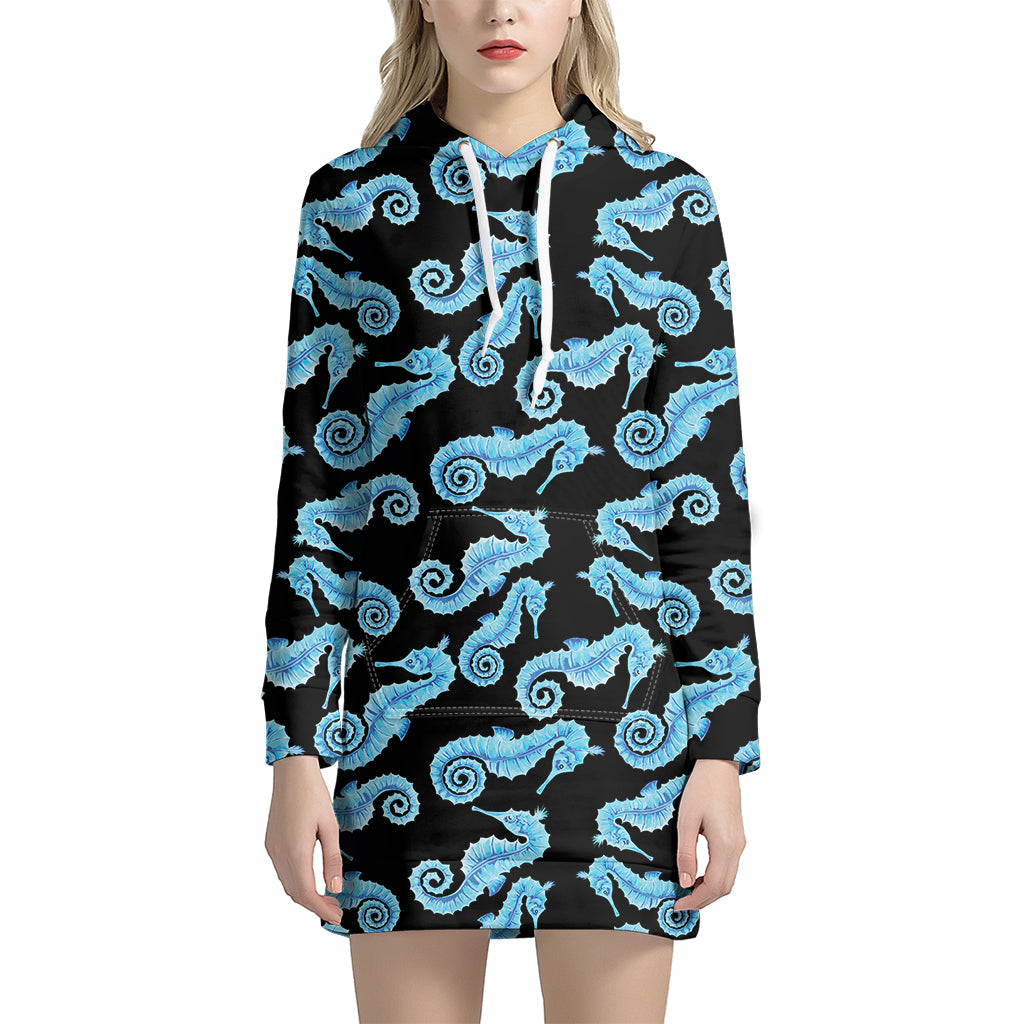 Watercolor Seahorse Pattern Print Hoodie Dress