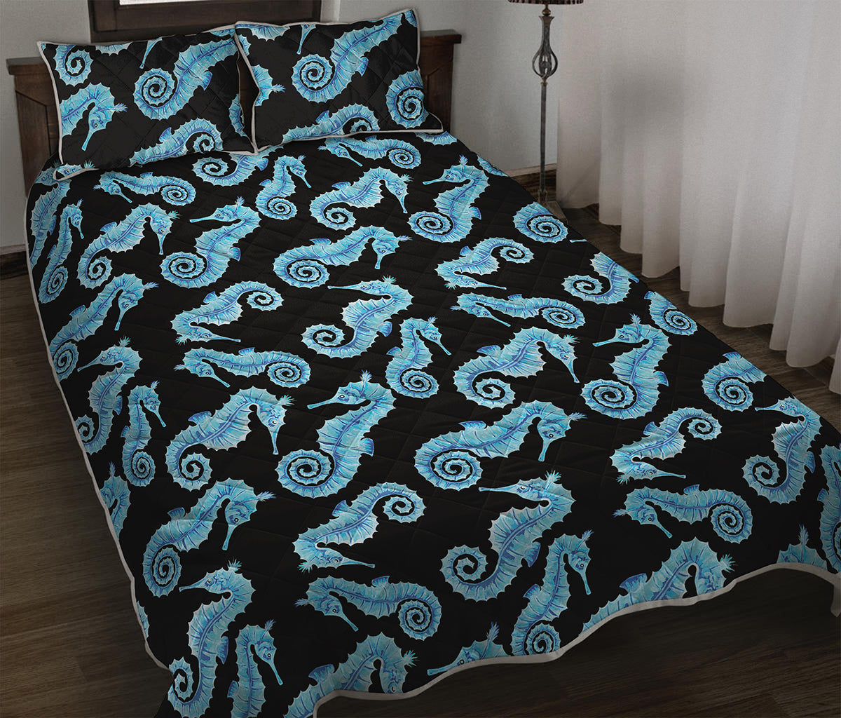 Watercolor Seahorse Pattern Print Quilt Bed Set
