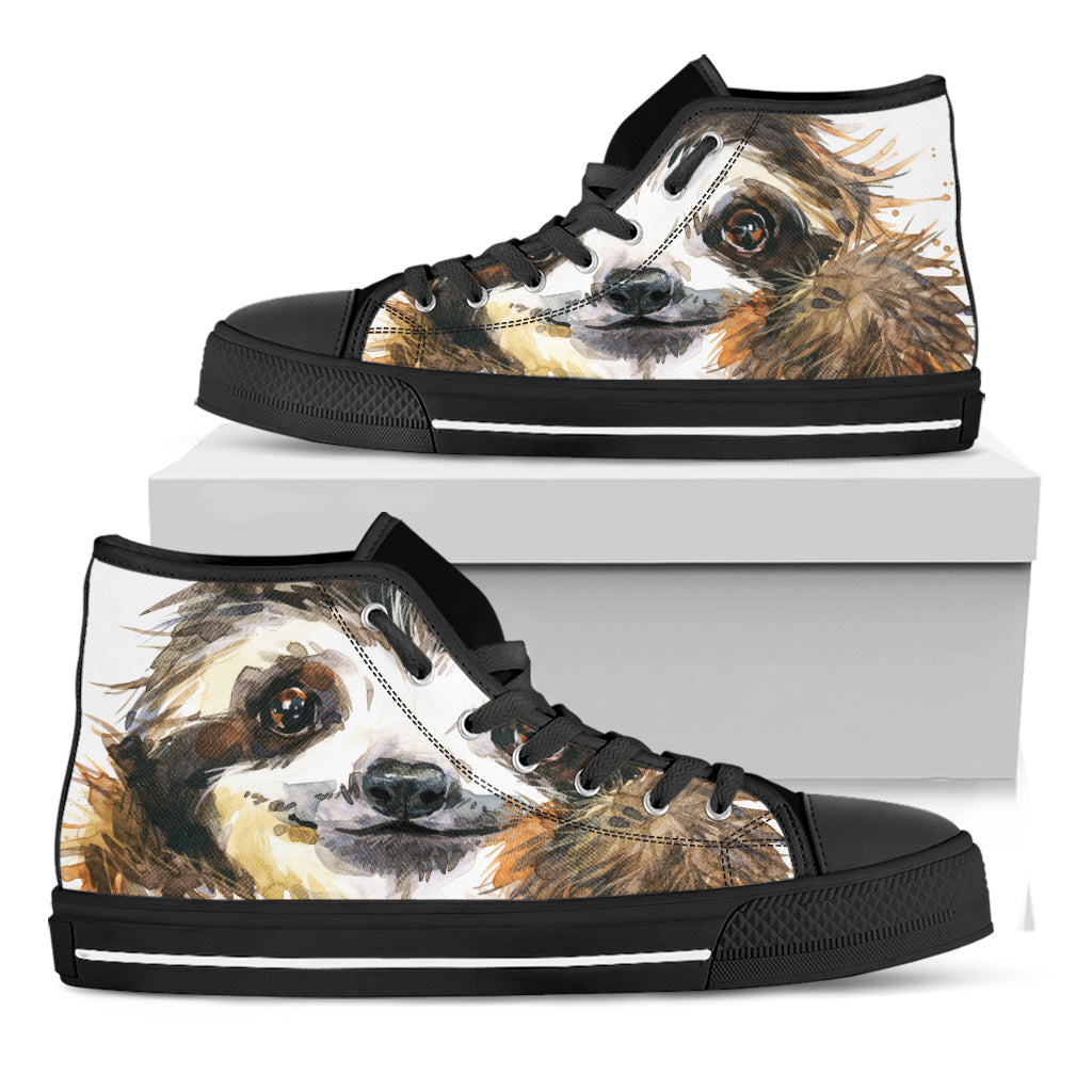 Watercolor Sloth Print Black High Top Shoes