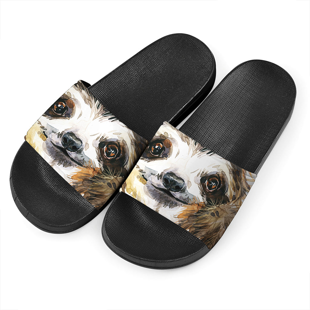 Watercolor Sloth Print Black Slide Sandals