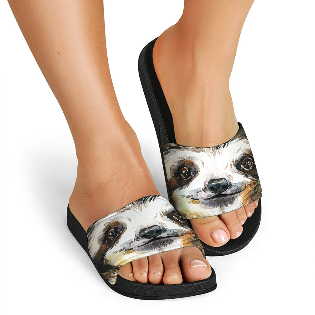 Watercolor Sloth Print Black Slide Sandals