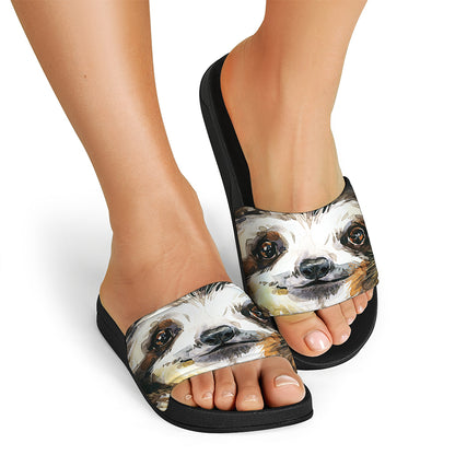 Watercolor Sloth Print Black Slide Sandals
