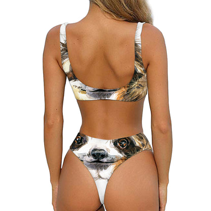 Watercolor Sloth Print Front Bow Tie Bikini