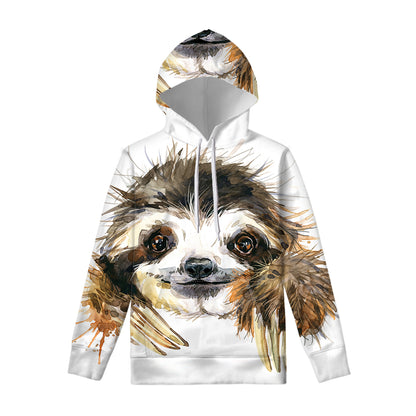 Watercolor Sloth Print Pullover Hoodie