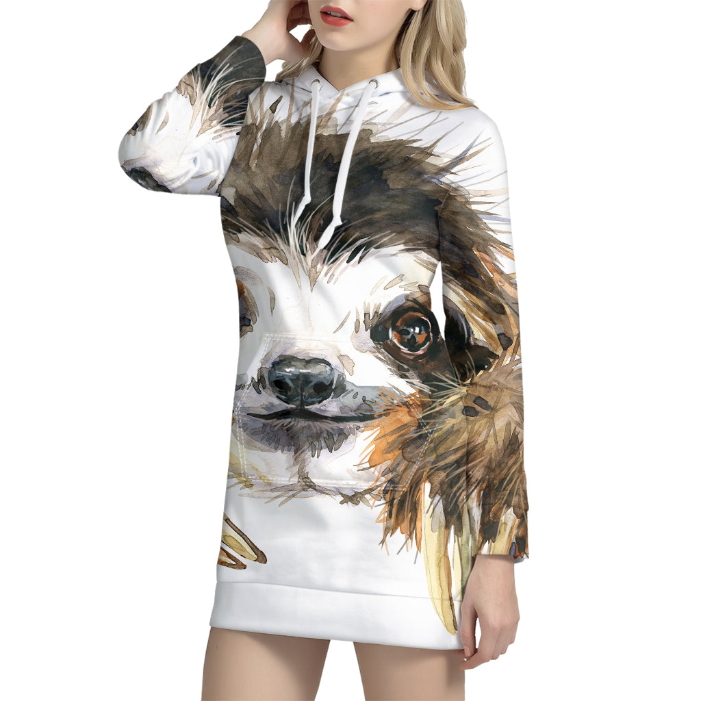 Watercolor Sloth Print Pullover Hoodie Dress