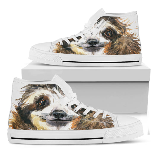 Watercolor Sloth Print White High Top Shoes
