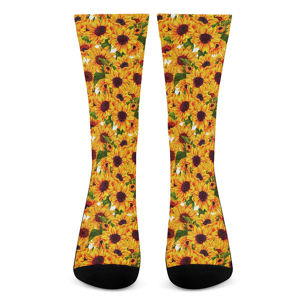 Watercolor Sunflower Pattern Print Crew Socks