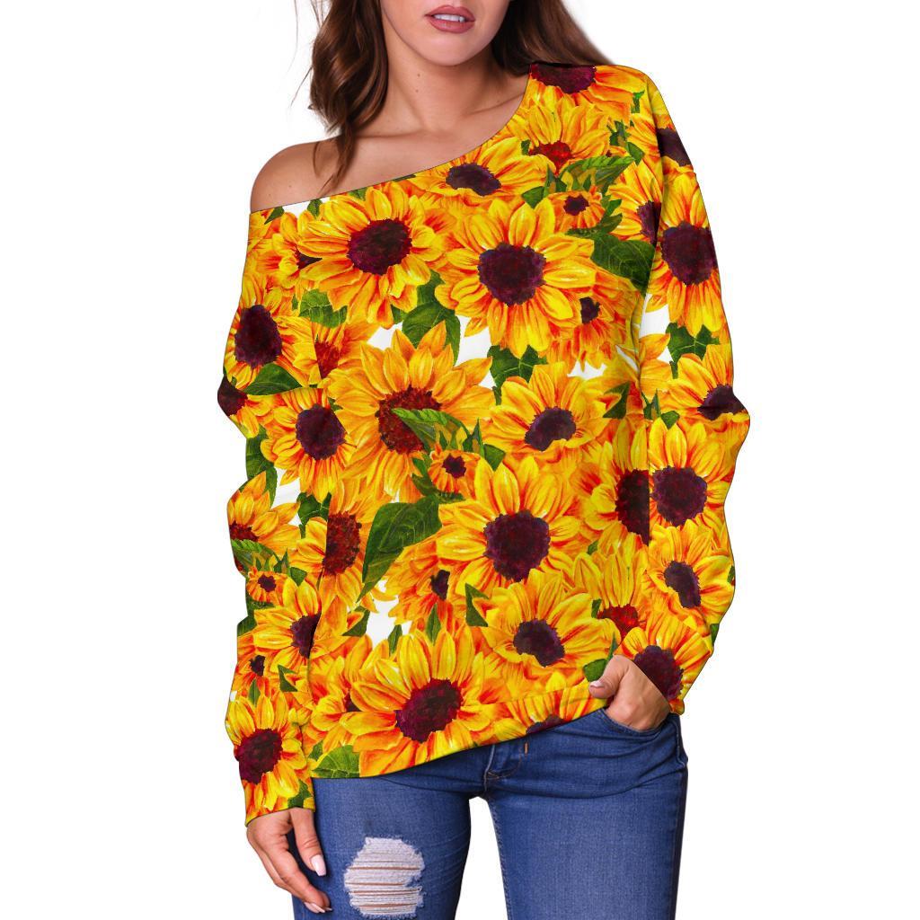 Watercolor Sunflower Pattern Print Off Shoulder Sweatshirt GearFrost