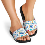 Watercolor Surfing Pattern Print Black Slide Sandals