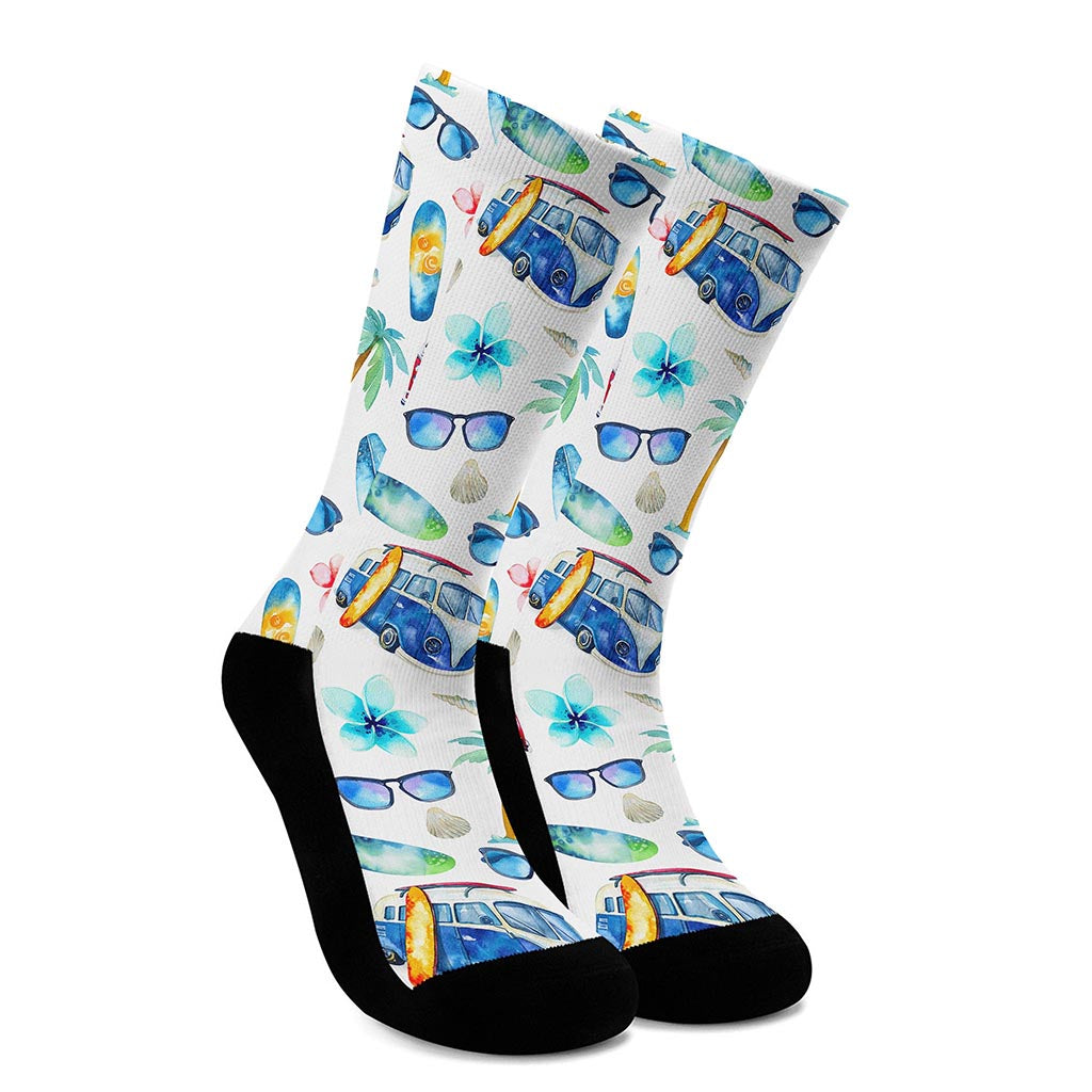Watercolor Surfing Pattern Print Crew Socks