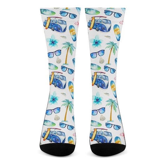 Watercolor Surfing Pattern Print Crew Socks