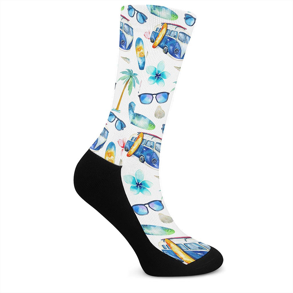 Watercolor Surfing Pattern Print Crew Socks