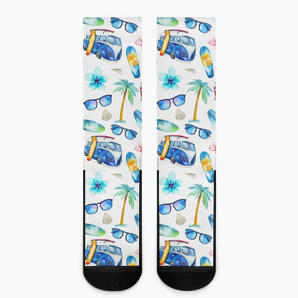Watercolor Surfing Pattern Print Crew Socks