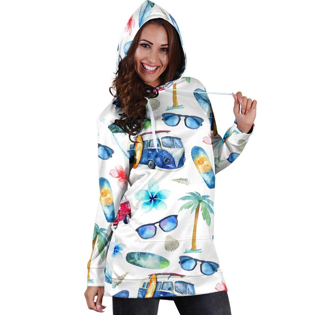 Watercolor Surfing Pattern Print Hoodie Dress GearFrost