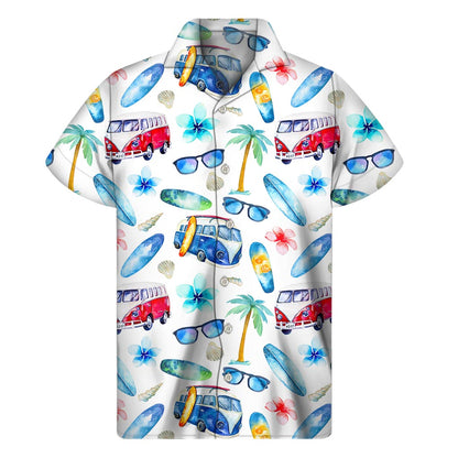 Watercolor Surfing Pattern Print Men's Short Sleeve Shirt