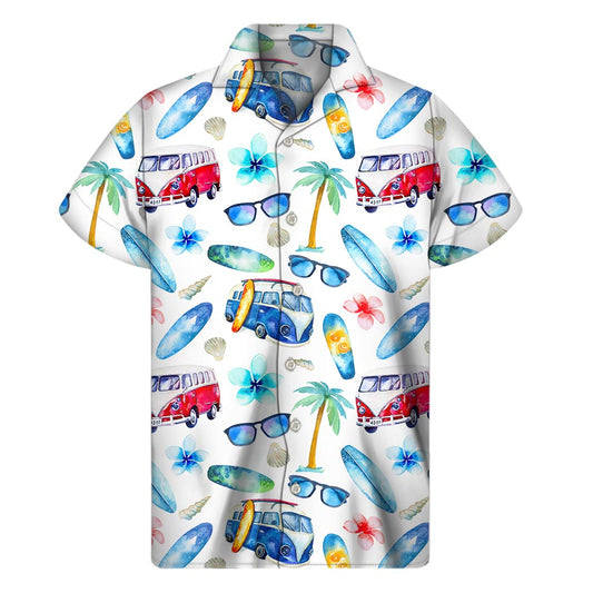 Watercolor Surfing Pattern Print Men's Short Sleeve Shirt