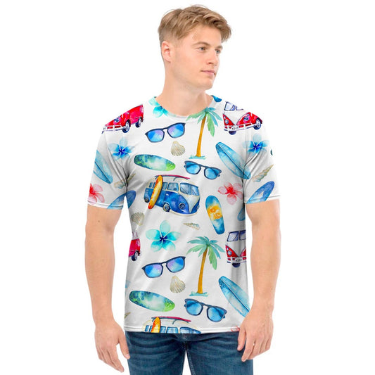 Watercolor Surfing Pattern Print Men's T-Shirt