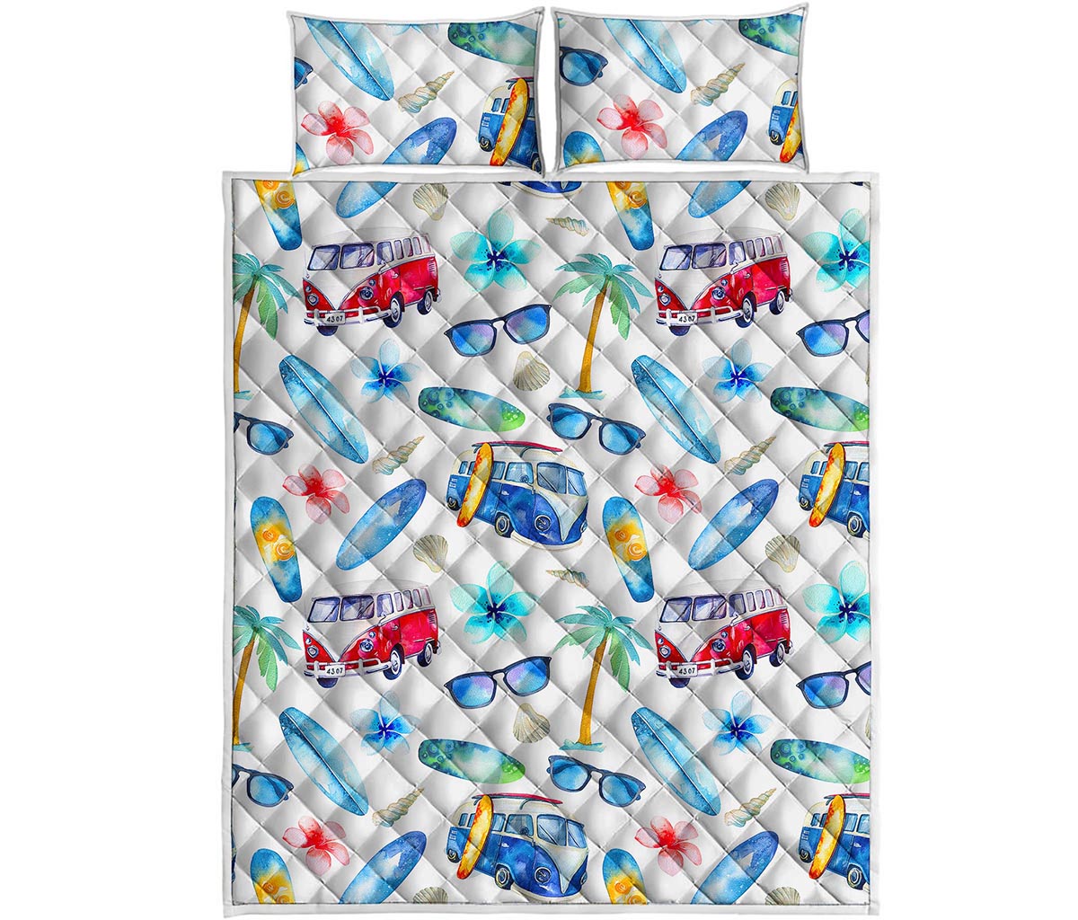 Watercolor Surfing Pattern Print Quilt Bed Set