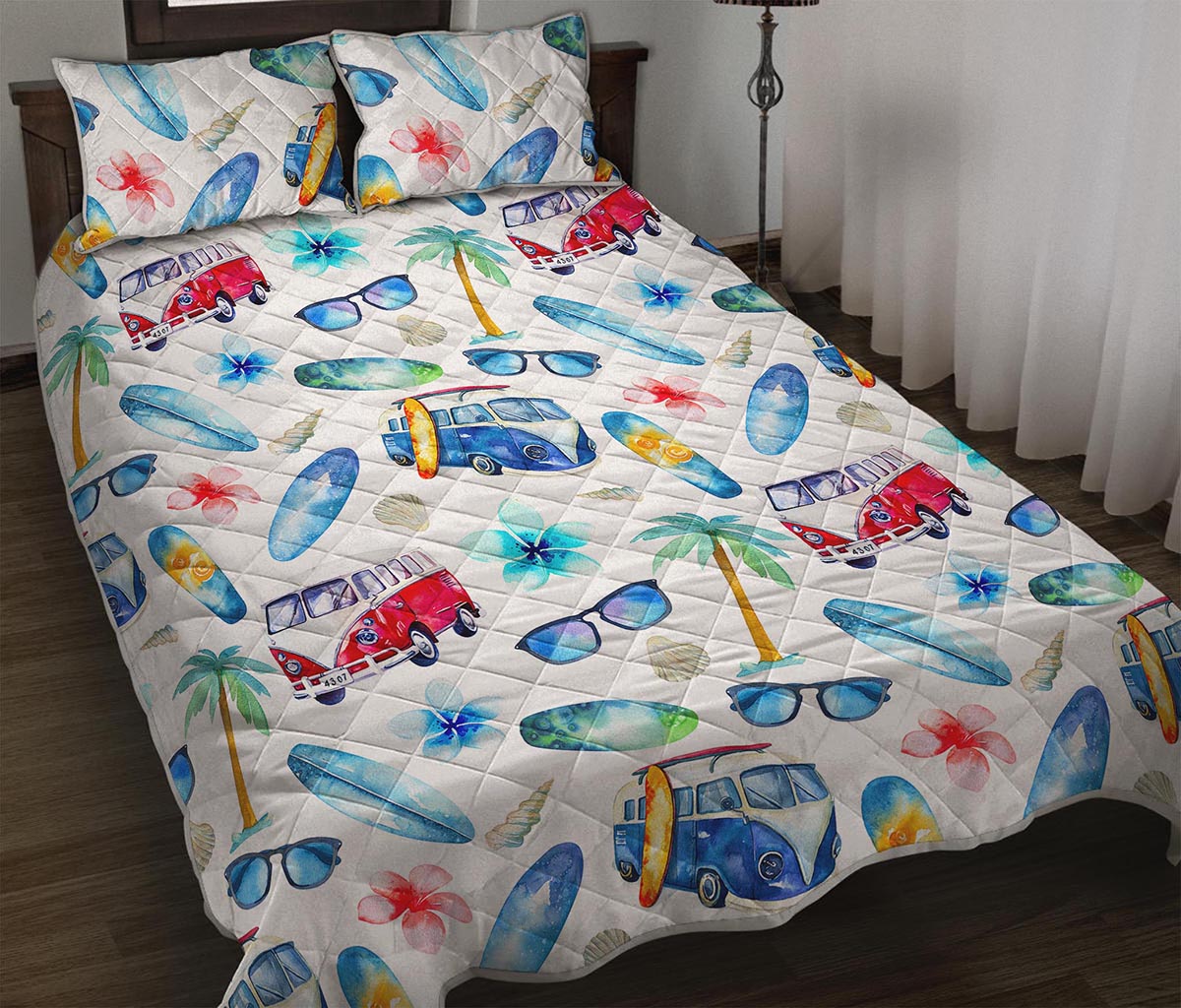 Watercolor Surfing Pattern Print Quilt Bed Set