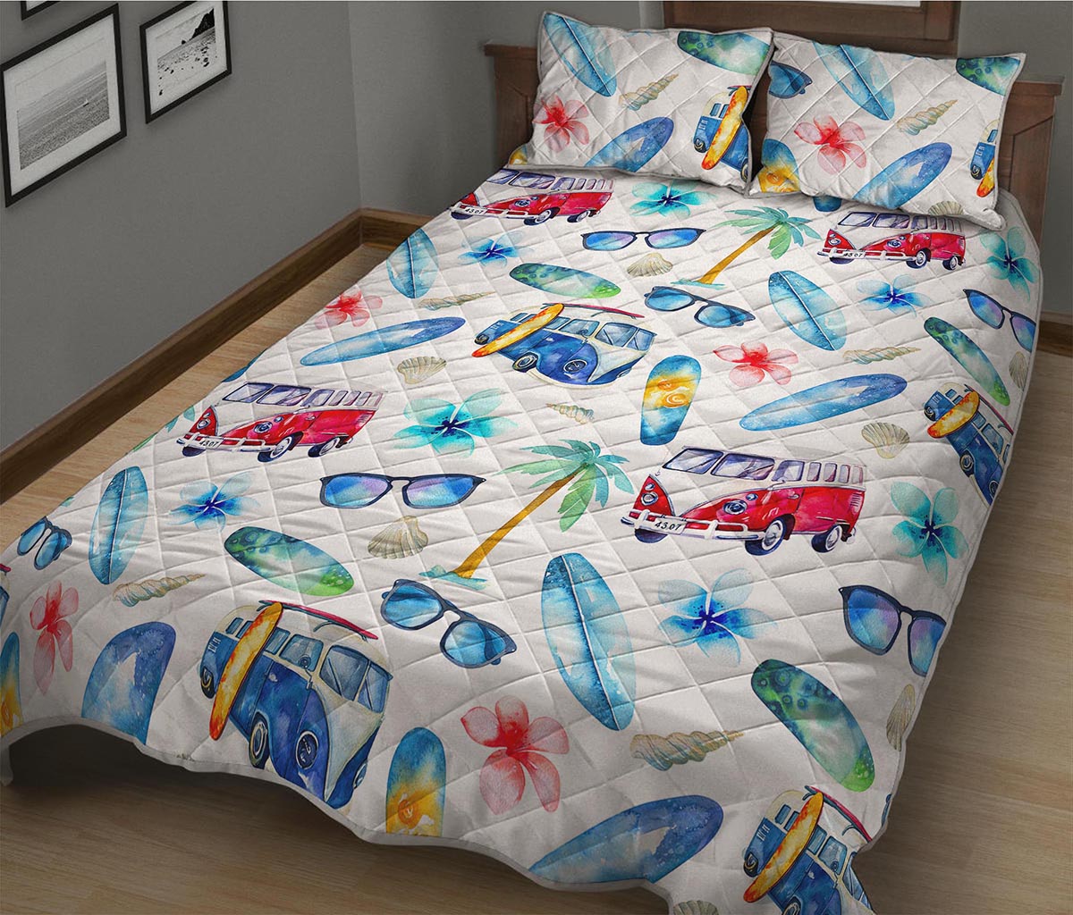 Watercolor Surfing Pattern Print Quilt Bed Set