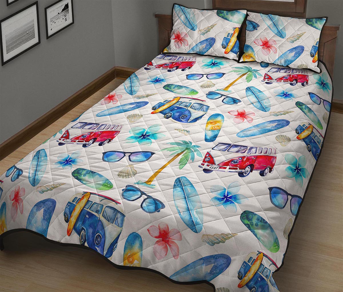 Watercolor Surfing Pattern Print Quilt Bed Set