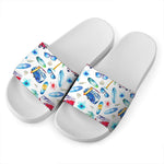 Watercolor Surfing Pattern Print White Slide Sandals