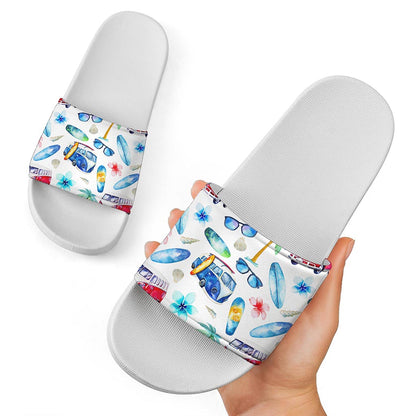 Watercolor Surfing Pattern Print White Slide Sandals