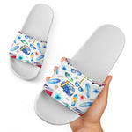 Watercolor Surfing Pattern Print White Slide Sandals