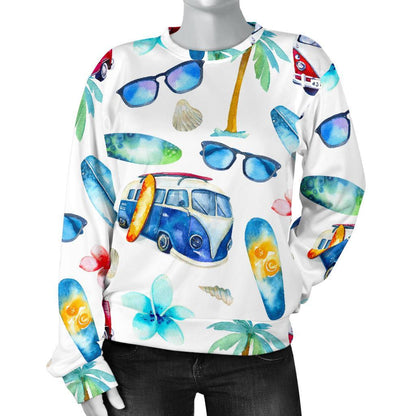 Watercolor Surfing Pattern Print Women's Crewneck Sweatshirt GearFrost